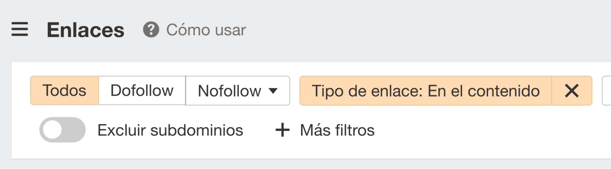 Filtrado por tipo de enlace en Ahrefs.