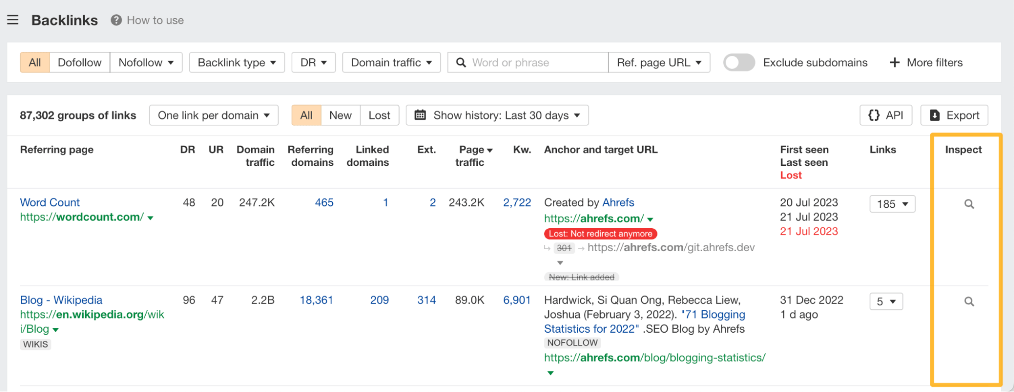 "Inspect" column in Backlinks report, via Ahrefs' Site Explorer