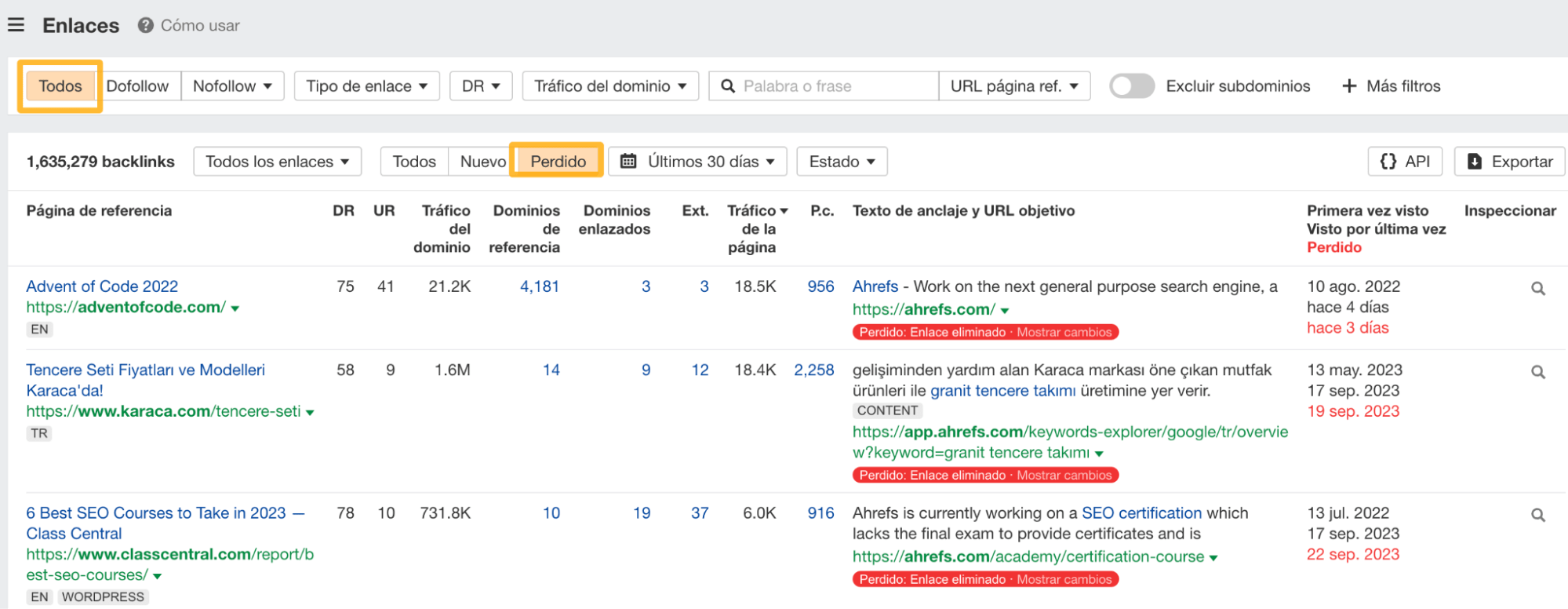 Enlaces perdidos, en Site Explorer de Ahrefs (informe "Enlaces")