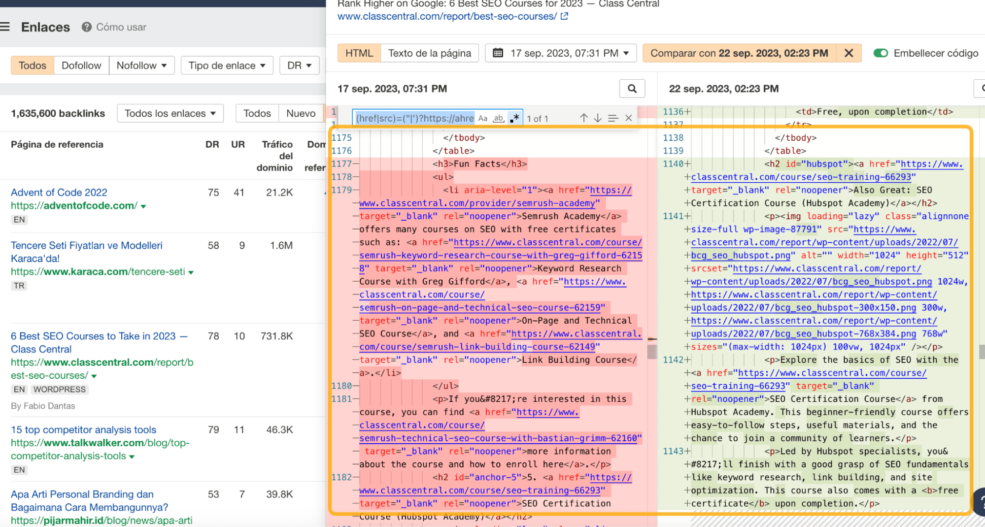 Inspección de código para ver cómo ha cambiado