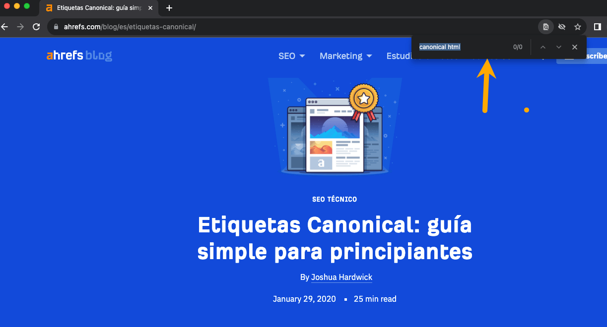 Búsqueda de "canonical html" en el post de Ahrefs. No se encuentra nada.