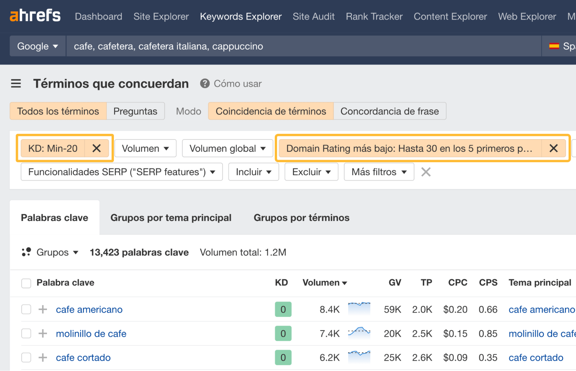 Filtrado de palabras clave de baja dificultad en Keywords Explorer de Ahrefs.