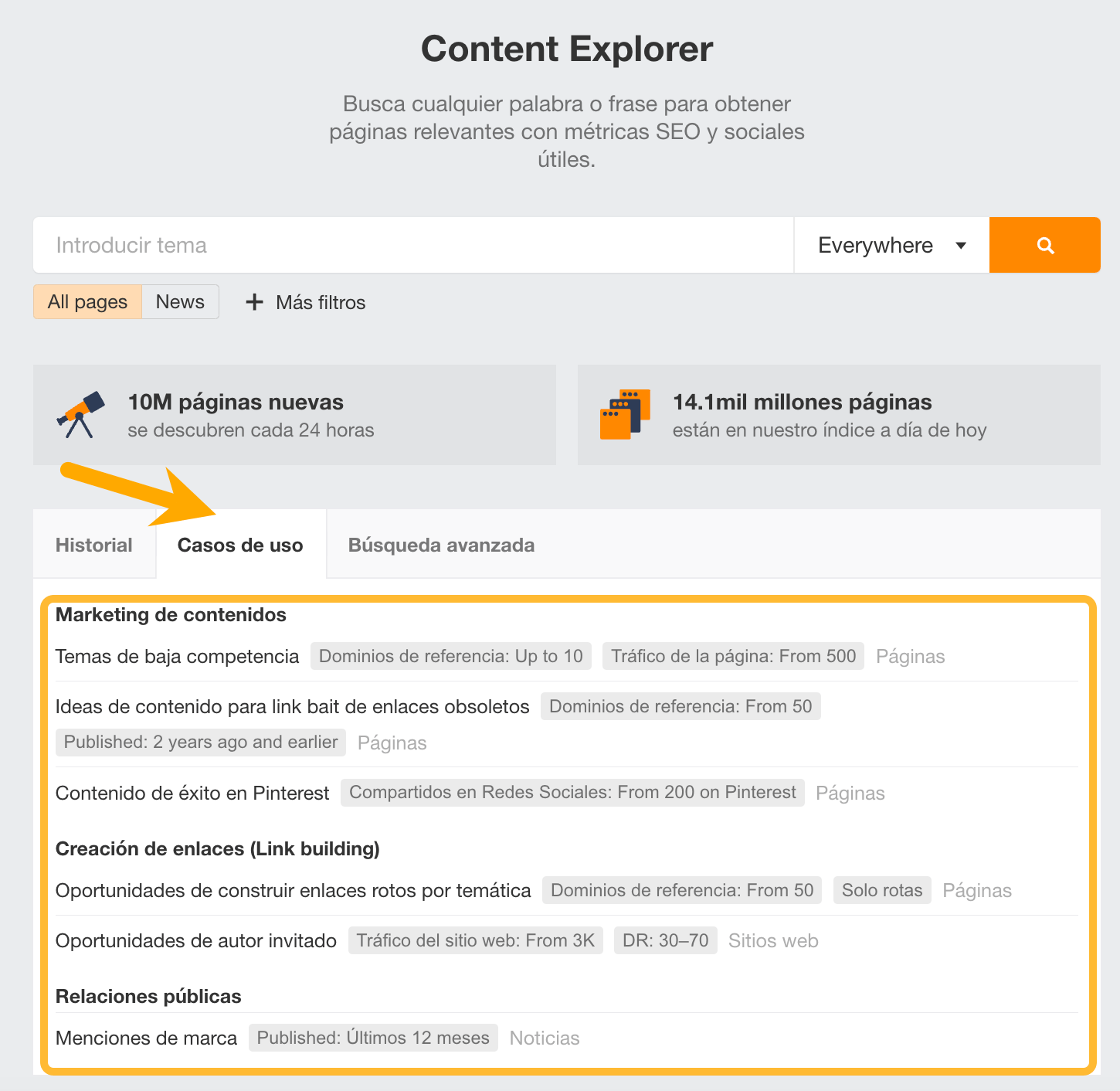 Content Explorer de Ahrefs con Casos de Uso