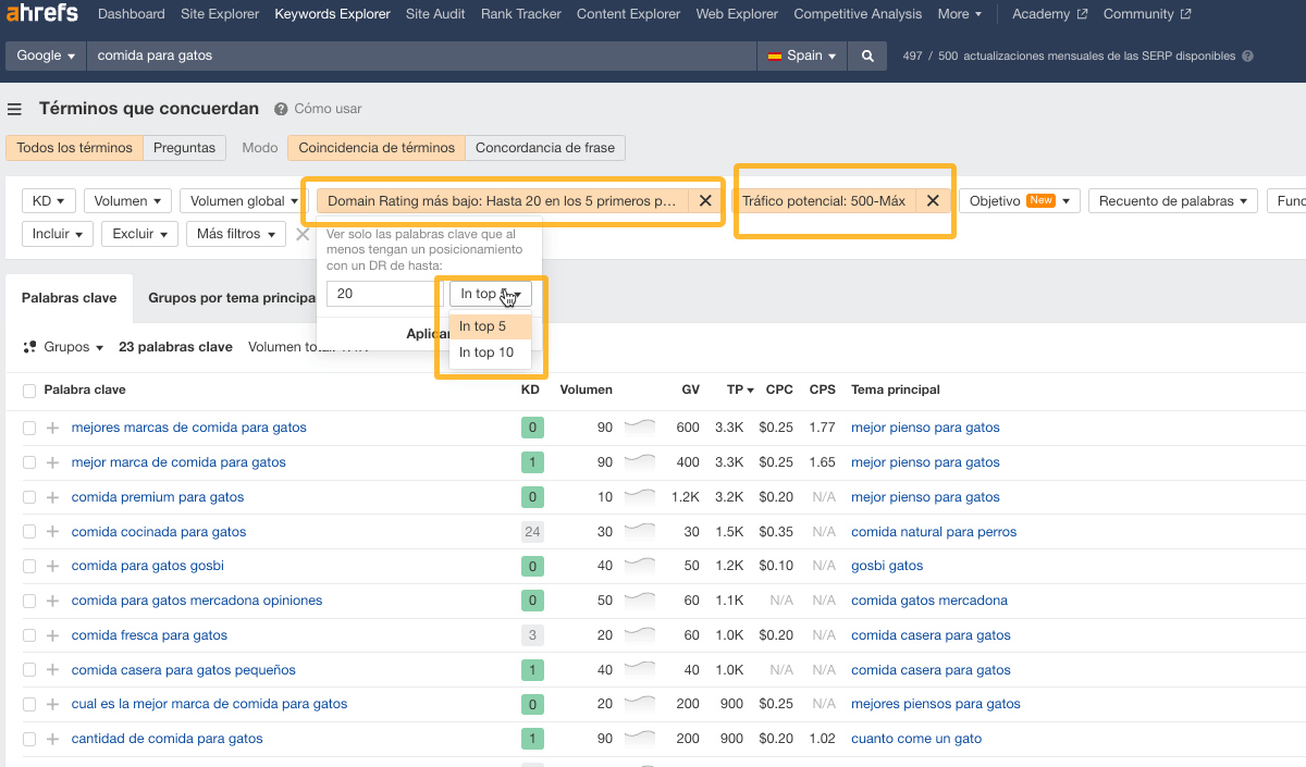 Informe en Ahrefs usando el filtro de "DR inferior a 20 en los primeros 5 resultados"