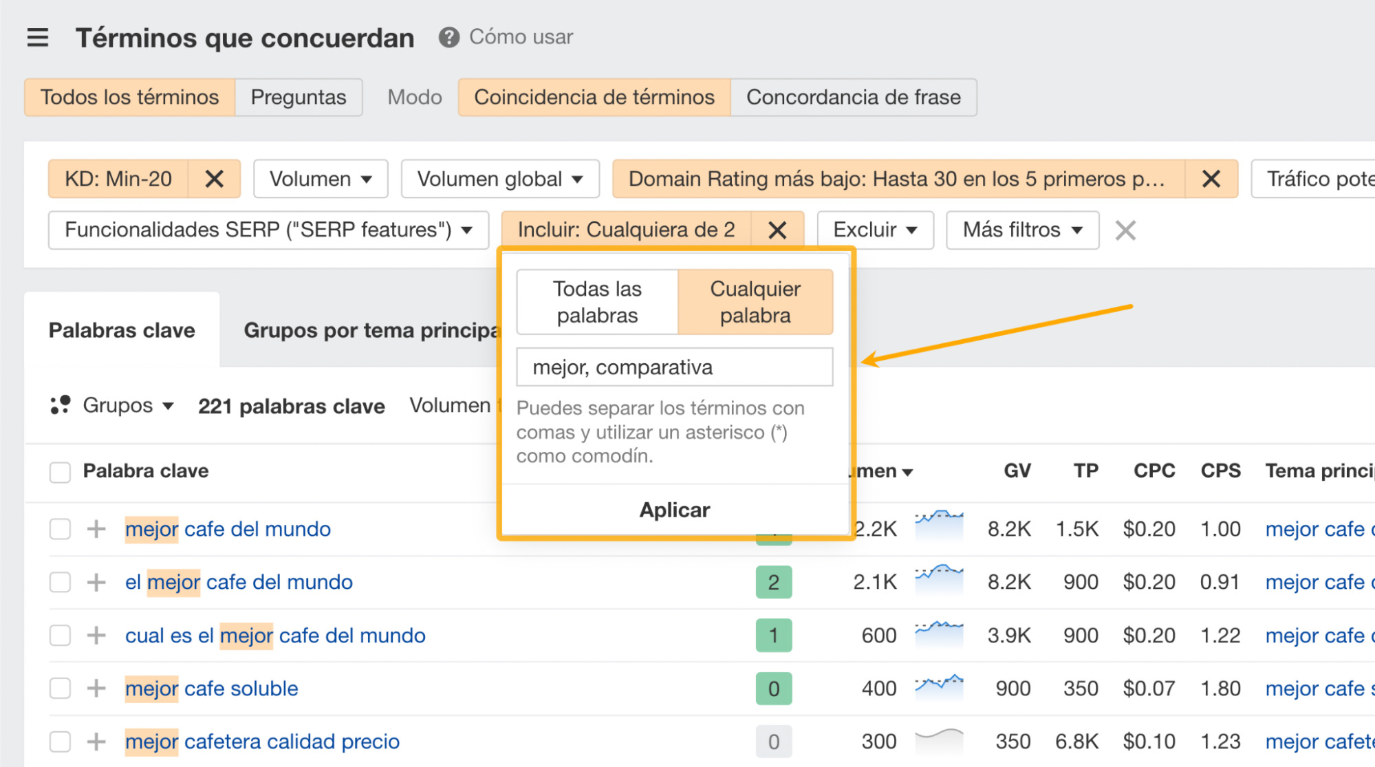 Filtrado de palabras clave de baja dificultad en Keywords Explorer de Ahrefs.
