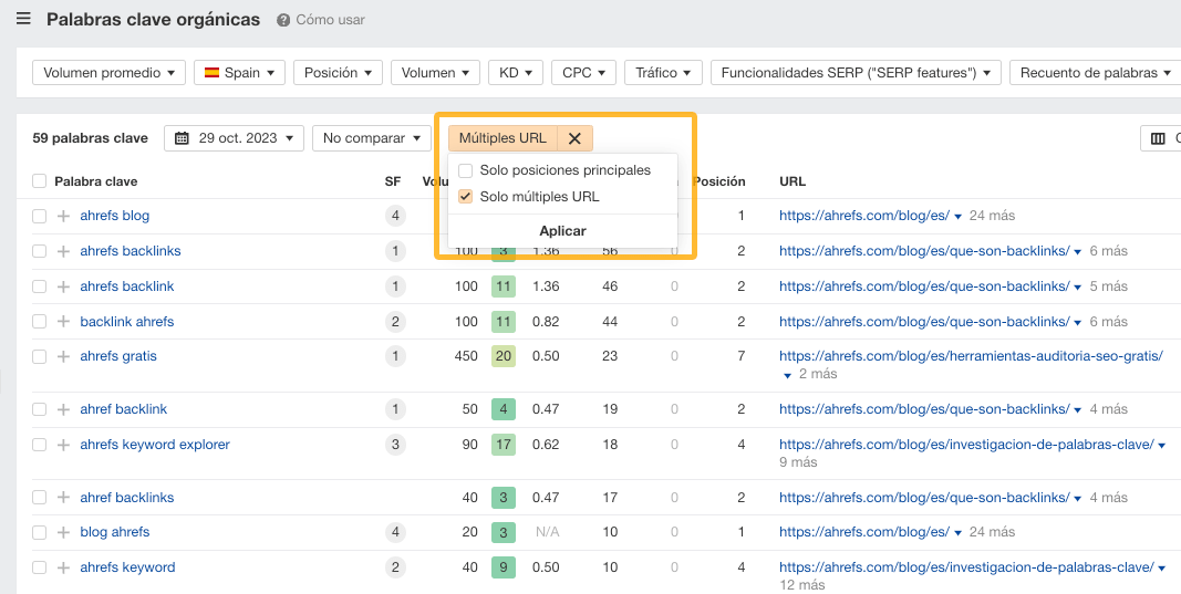 Aplicando el filtro "Sólo múltiples URL en Ahrefs"