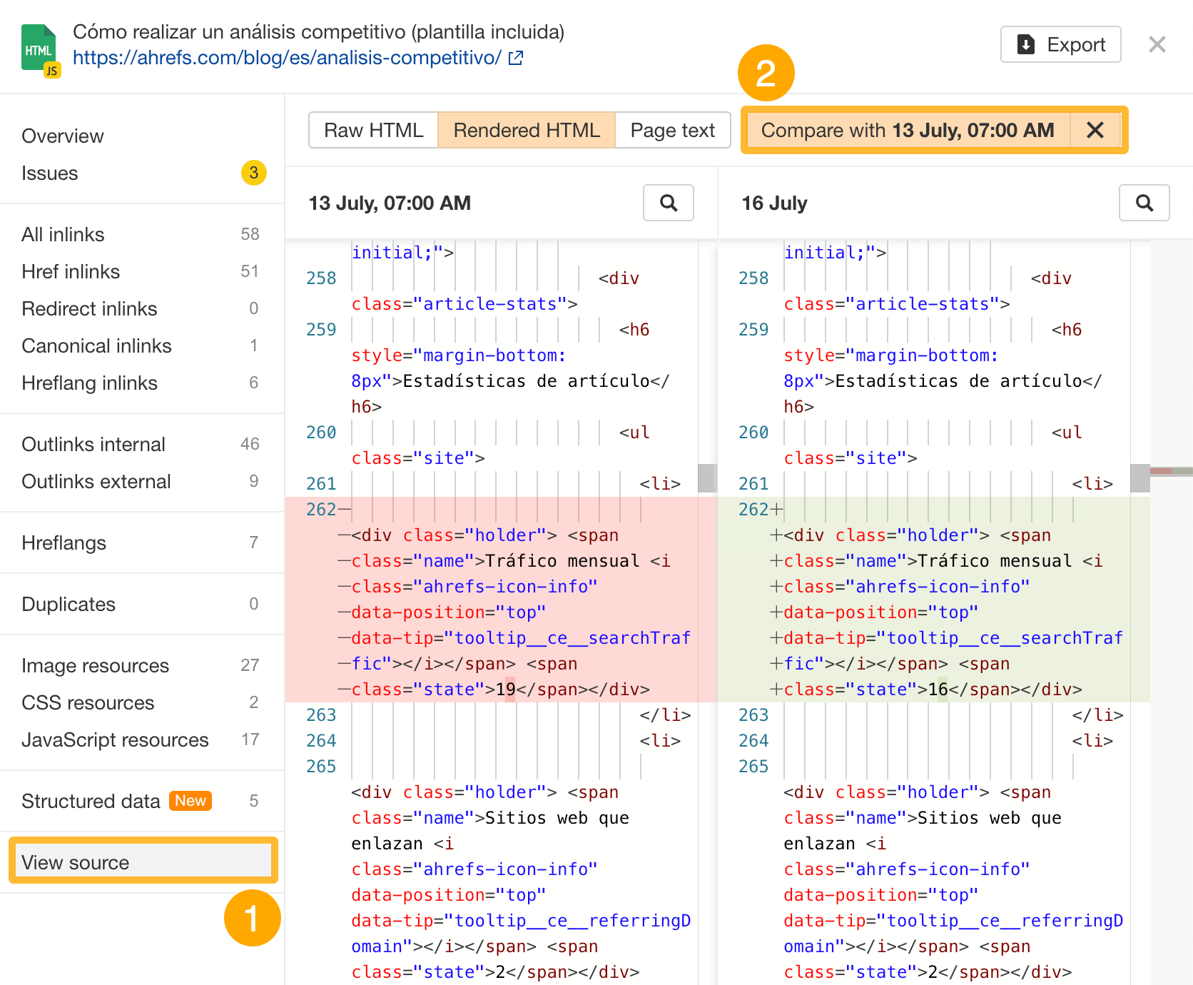 Pestaña "View source" en el panel de detalles de URL, en Site Audit de Ahrefs.