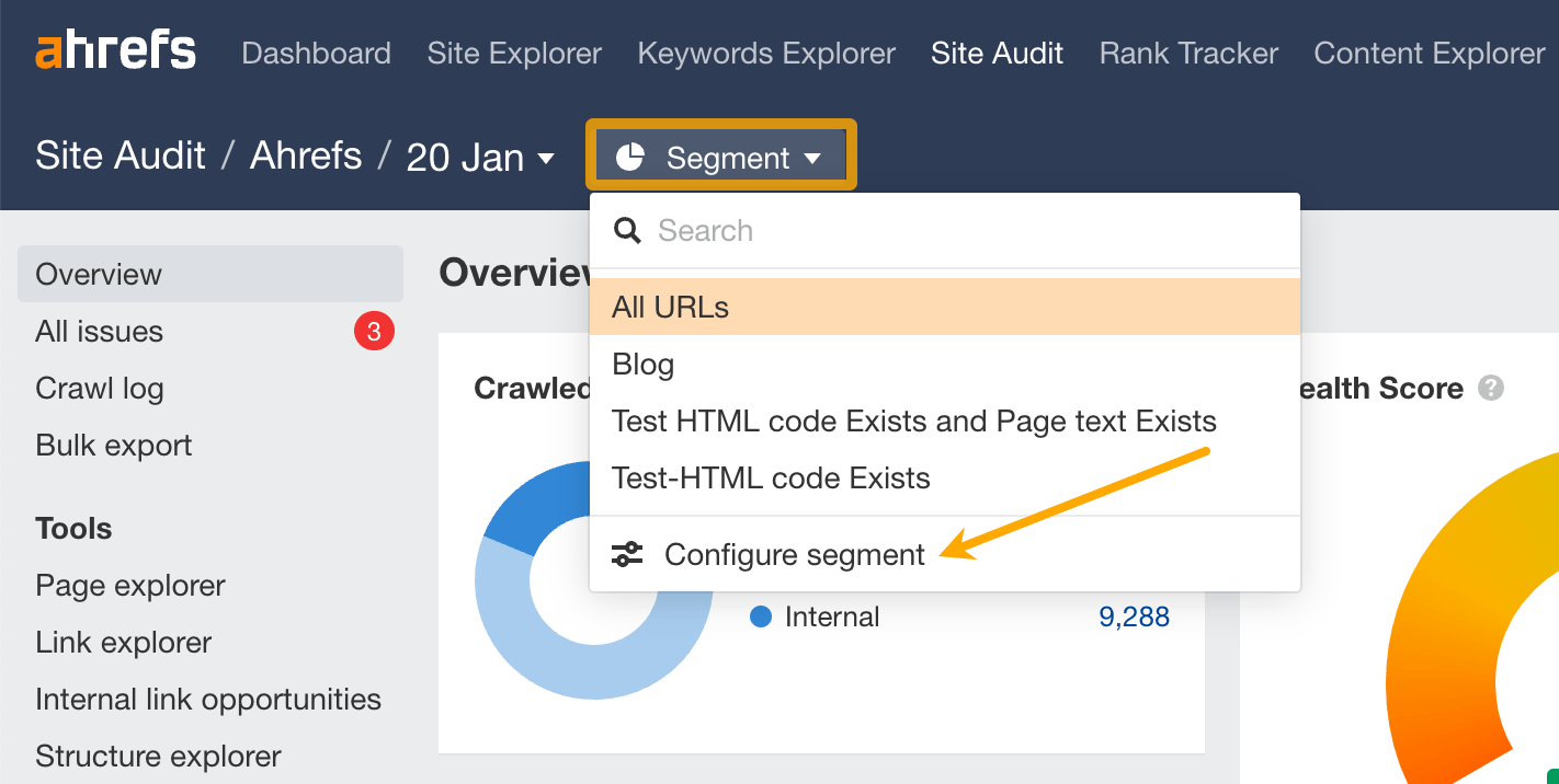Opción para configurar un segmento eh Site Audit de Ahrefs