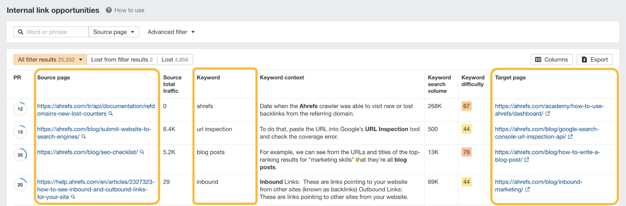 Informe de oportunidades de enlazado interno, en Site Audit de Ahrefs