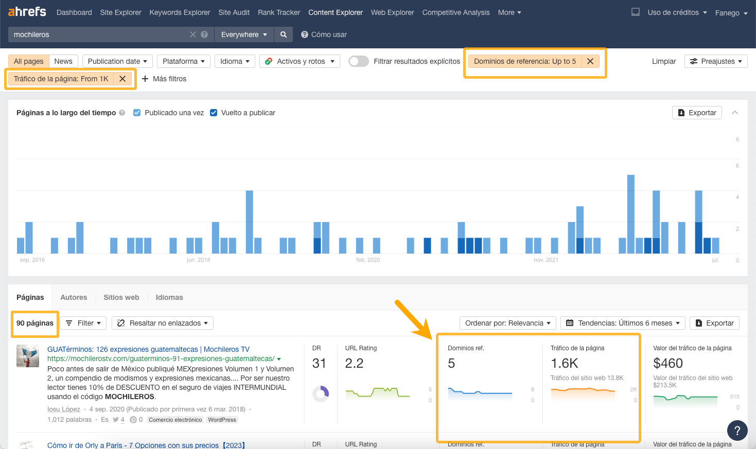 Cómo encontrar páginas con baja competencia y alto tráfico, en Content Explorer de Ahrefs