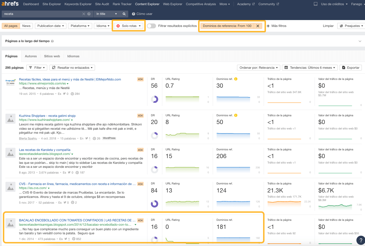 Oportunidades de enlaces rotos en Content Explorer de Ahrefs