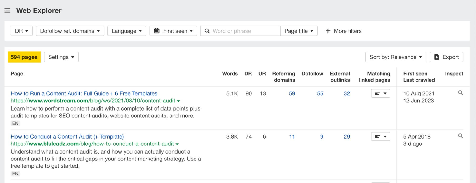 Resultados que se encuentran en Web Explorer, de enlaces salientes con el texto ancla "content audit template"