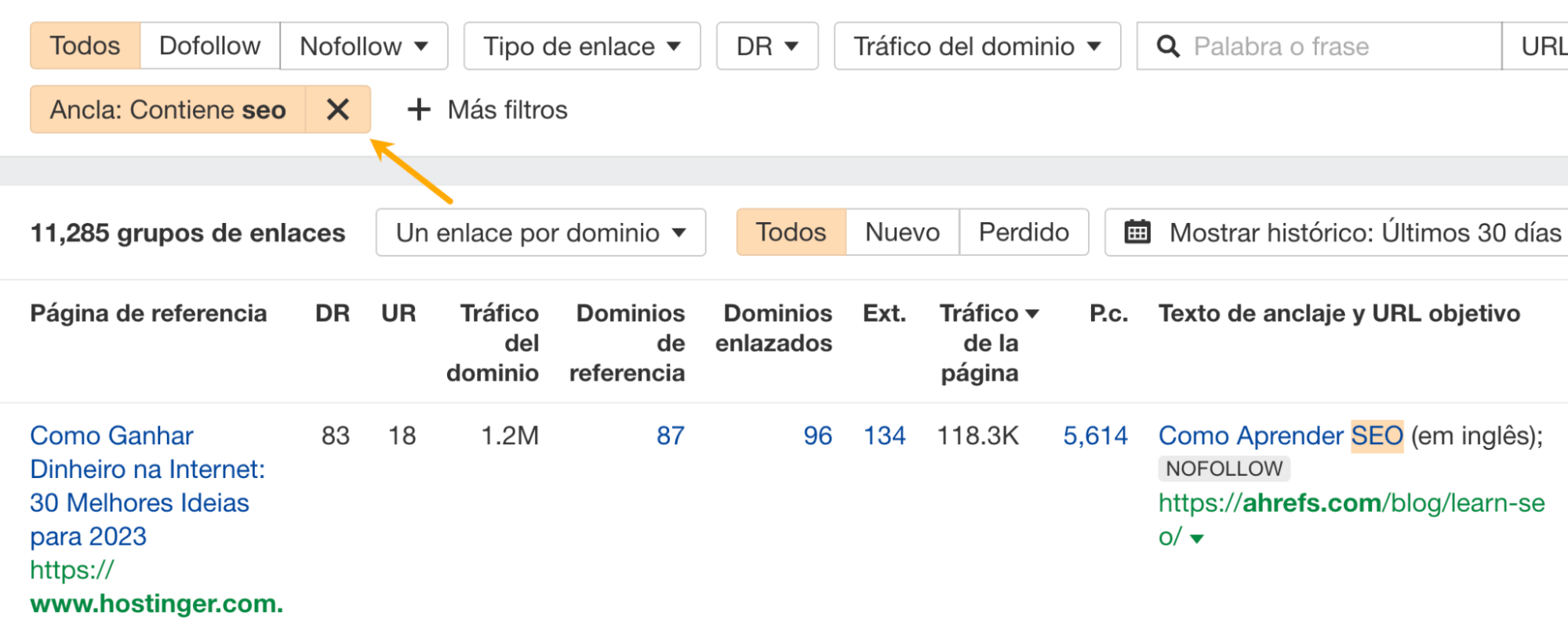 Comprobación del texto de anclaje de los backlinks en el informe Enlaces, a través de Site Explorer de Ahrefs