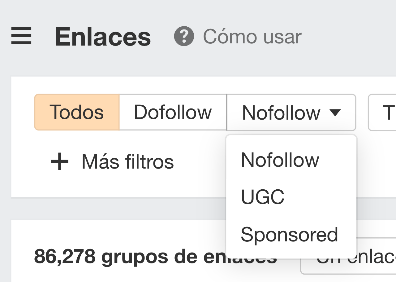Filtrar backlinks por atributos "rel" en Ahrefs.