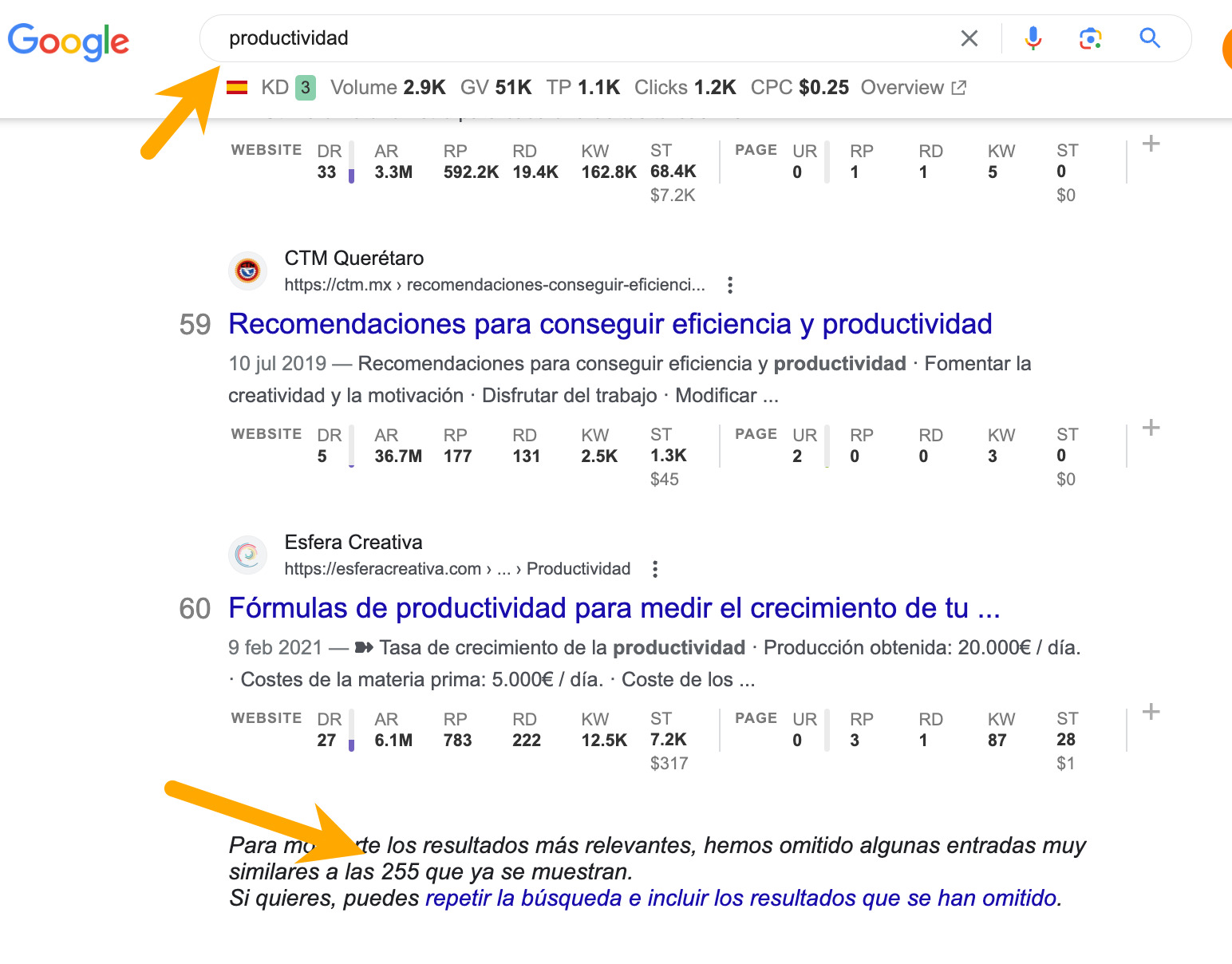 Resultados en Google de "Productividad"