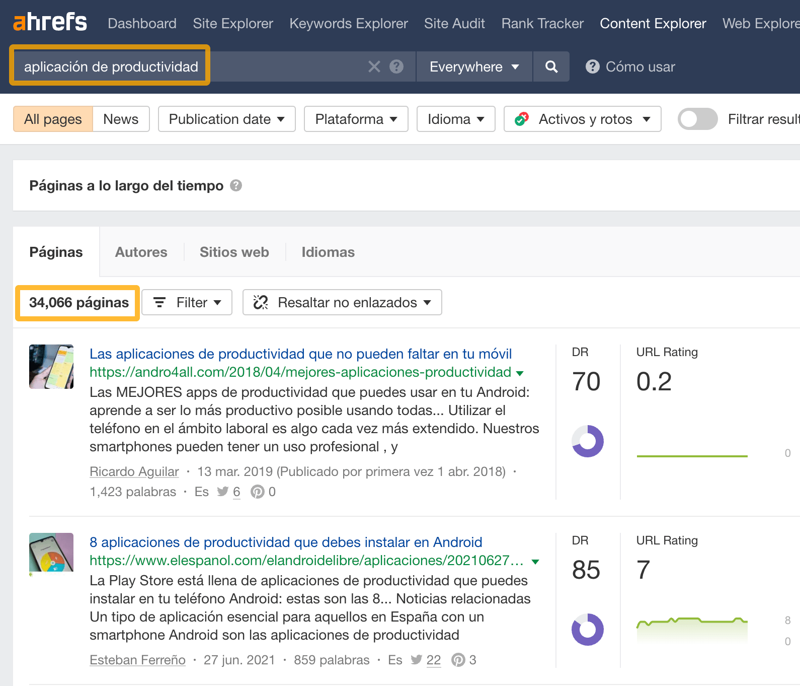 Más de 34.000 páginas mencionan "aplicación de productividad", en Content Explorer de Ahrefs