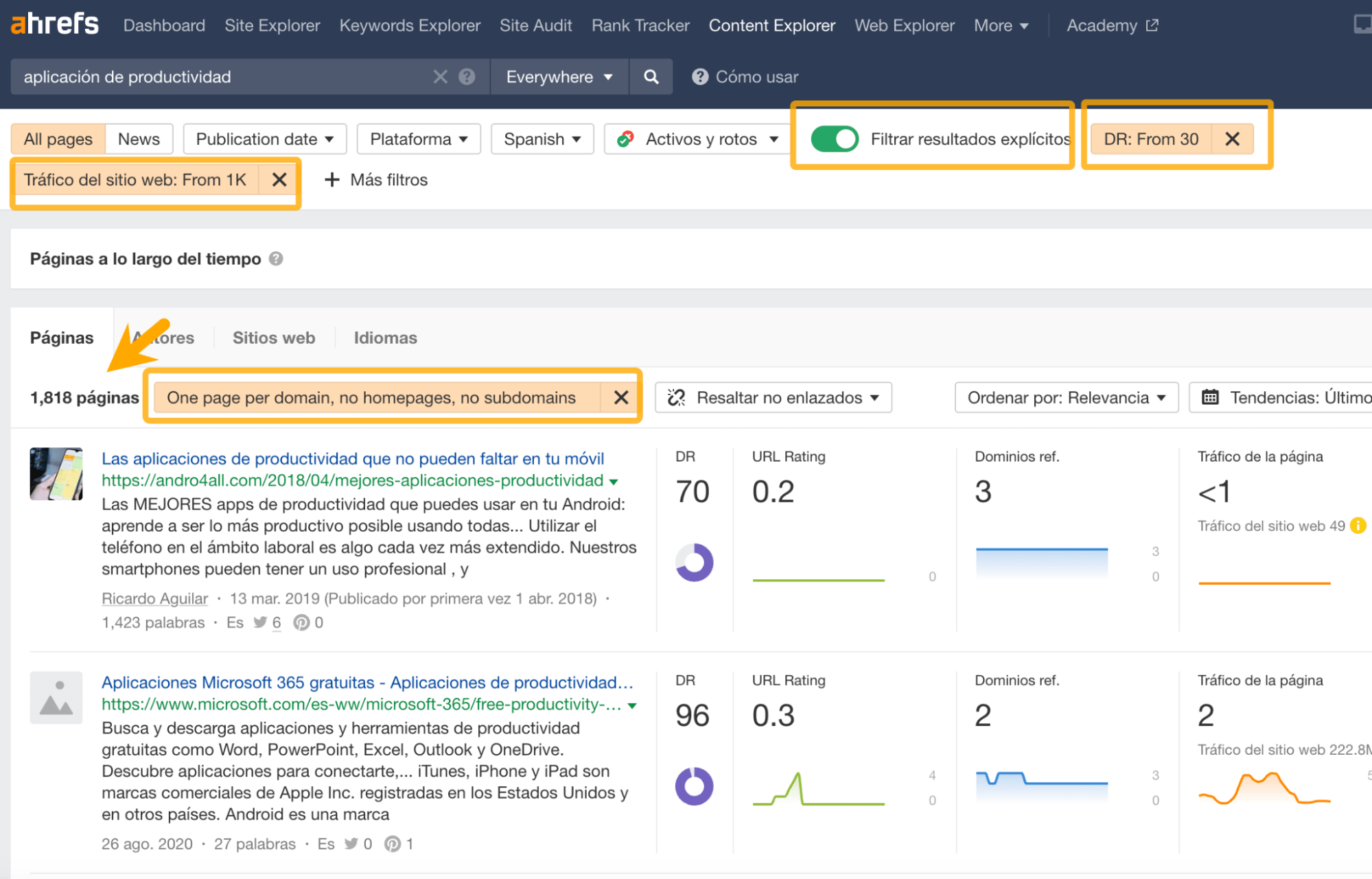 Filtros en Content Explorer de Ahrefs para encontrar los resultados más relevantes