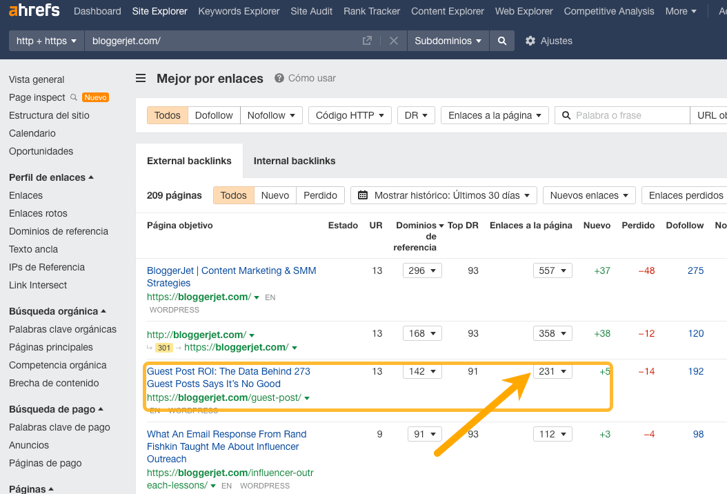 Enlaces a la investigación de guest posting de BloggerJet