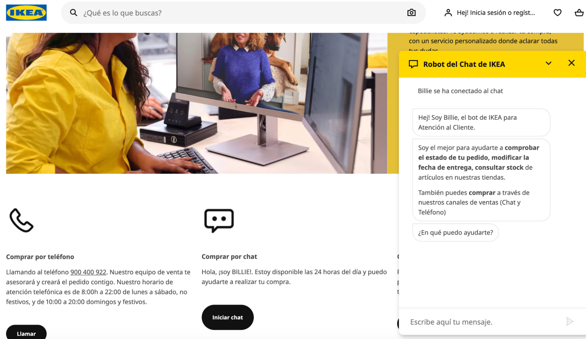 Captura de pantalla de la web de IKEA España, con un chatbot