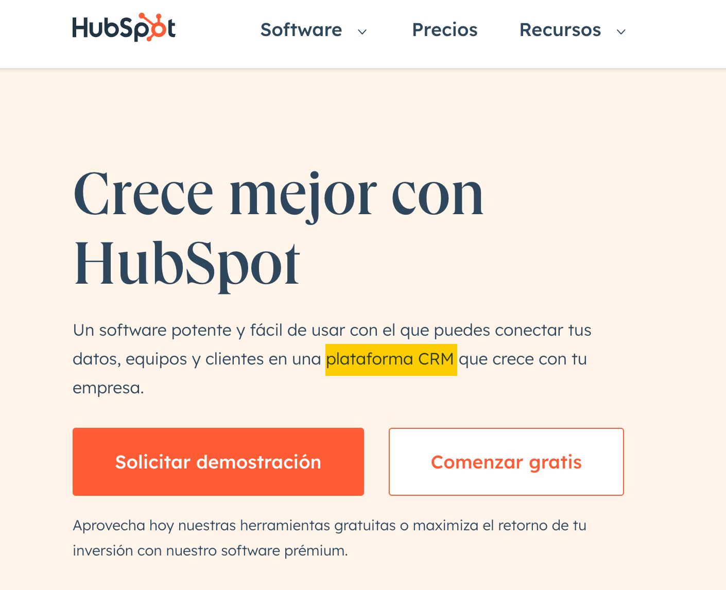 Captura de pantalla de la web de HubsPot, donde vemos que se presentan como un CRM