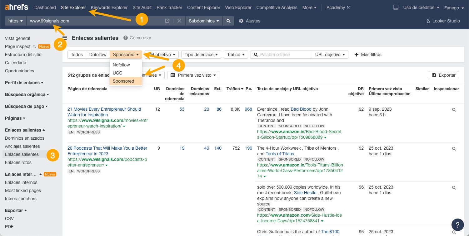 Cómo encontrar enlaces patrocinados en una web, con Ahrefs