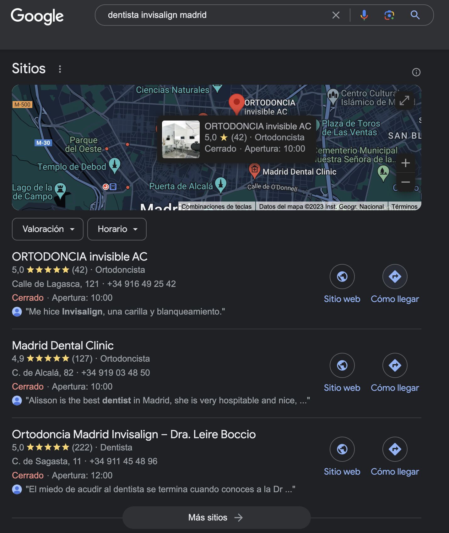 Paquete de mapas de google listando un grupo de pymes