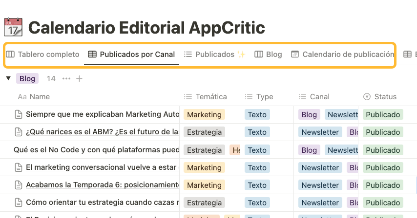 Captura de pantalla de calendario editorial