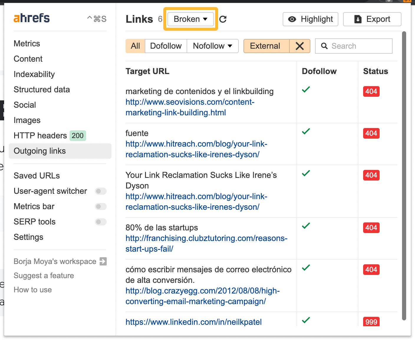 Encontrando enlaces rotos en una página con la Barra de herramientas SEO de Ahrefs.