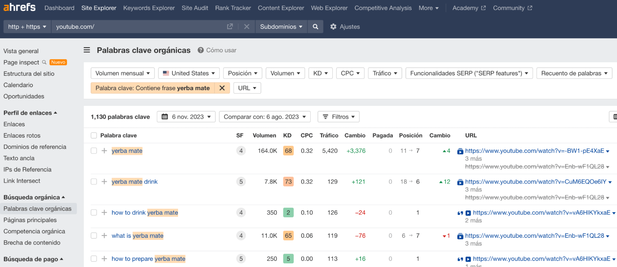 Lista de palabras orgánicas de youtube en Ahrefs Site Explorer