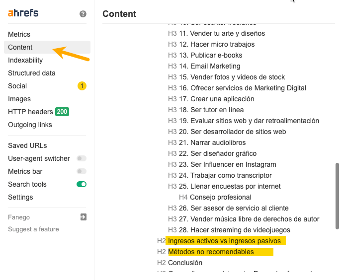 Informe de Contenido de la Barra de Herramientas SEO de Ahrefs