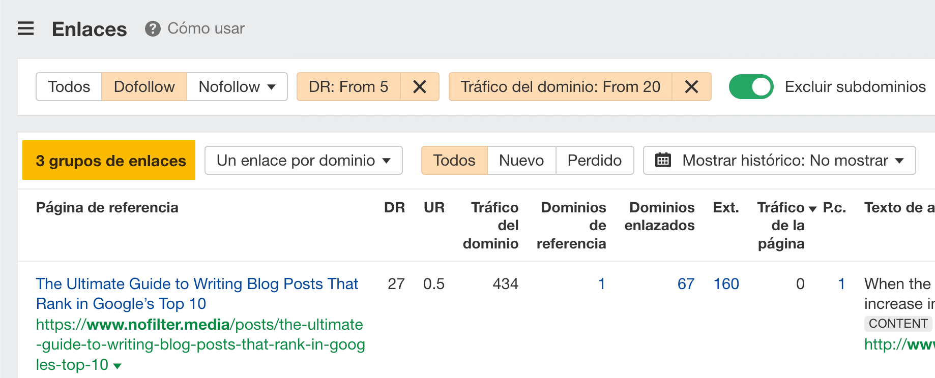 Filtración de backlinks deseables en el Site Explorer de Ahrefs.