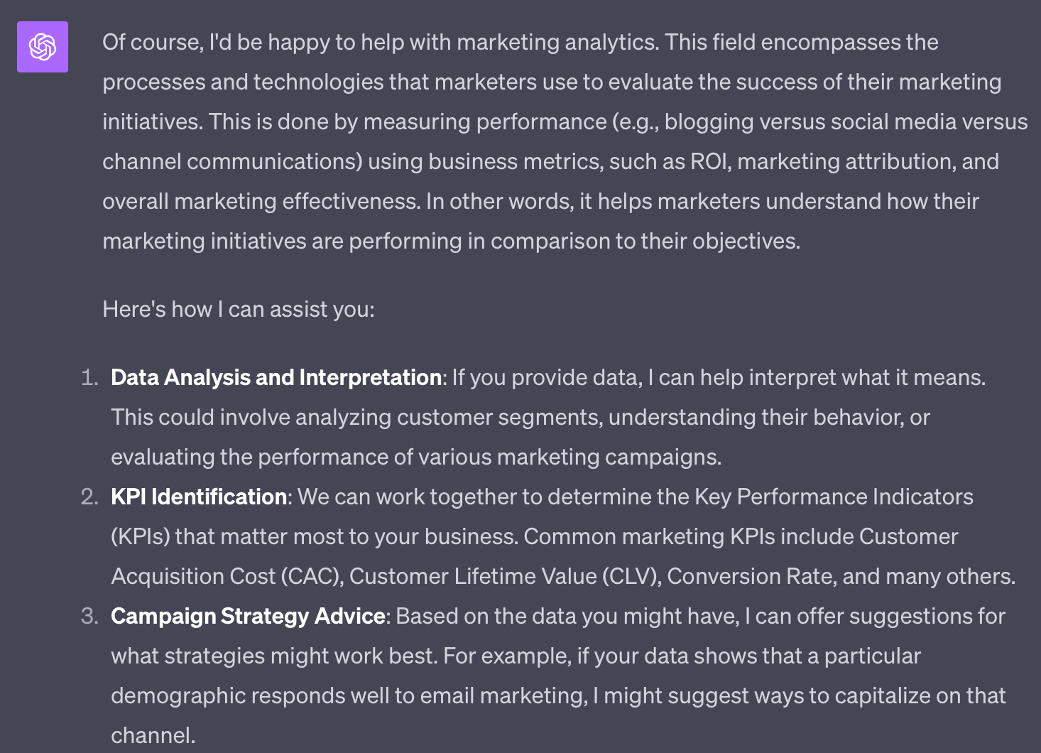 ChatGPT explica cómo puede utilizarse para el análisis de marketing.