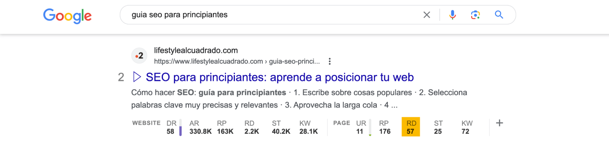 Número de dominios que remiten a la guía para principiantes sobre SEO de lifestylealcuadrado.com, a través de la Barra de herramientas SEO de Ahrefs.