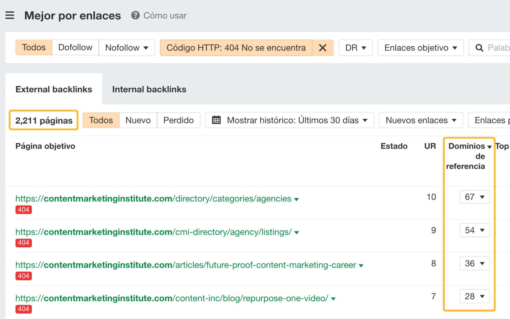 Informe de Mejor por enlaces del Site Explorer de Ahrefs.