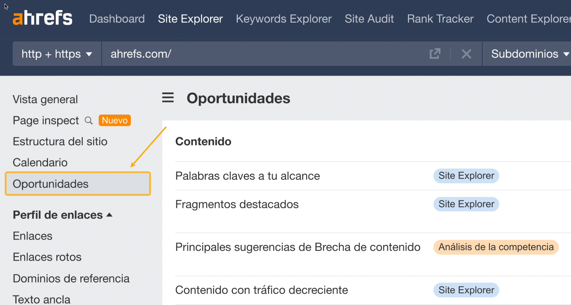 Informe de oportunidades en Site Explorer de Ahrefs.