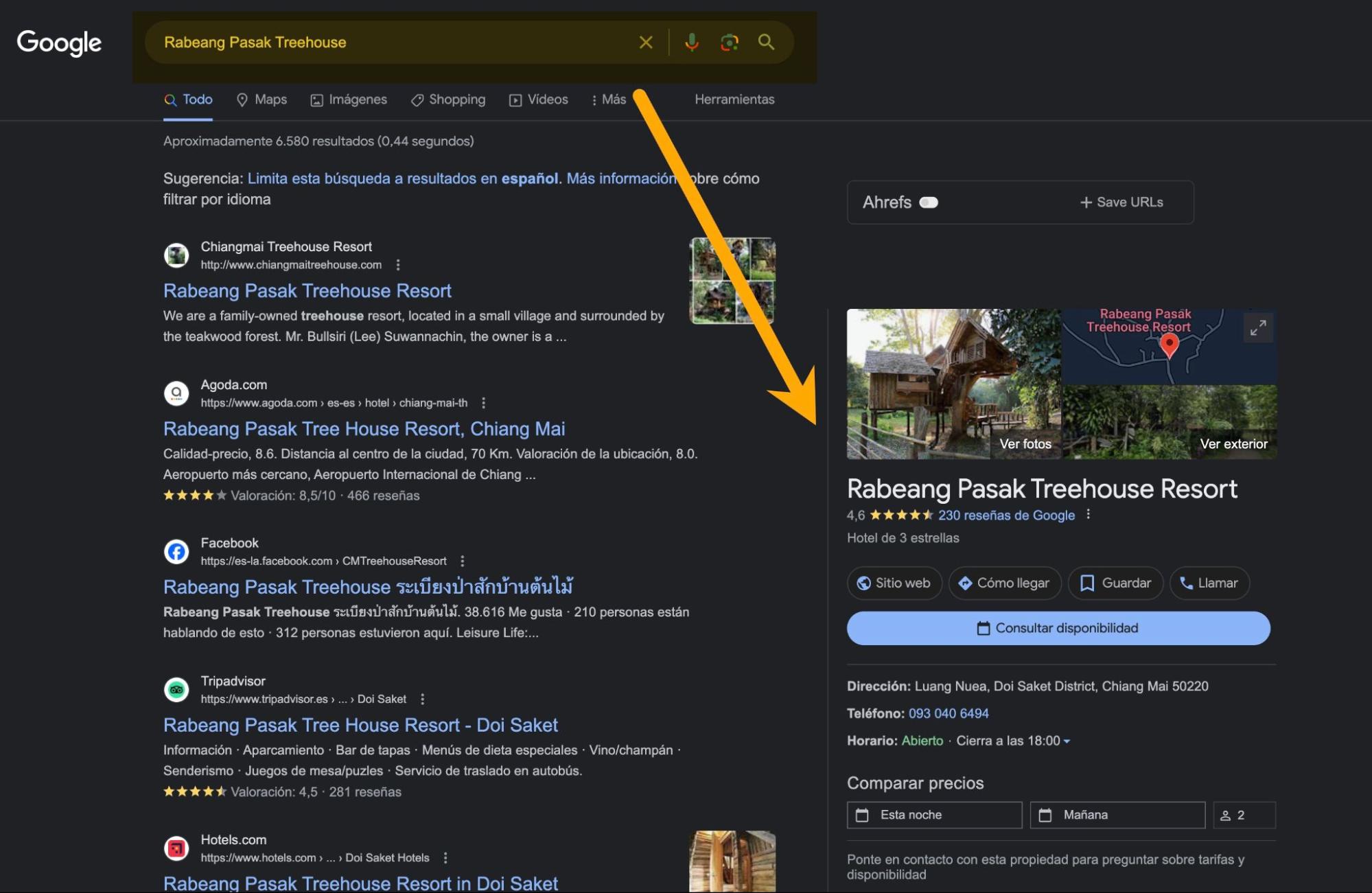 Captura de pantalla del local knowledge panel de Google