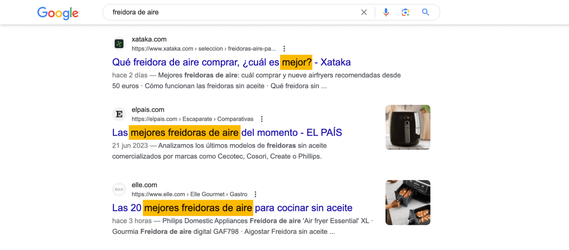 La gente que busca "freidora de aire" quiere comparar productos, no comprar.