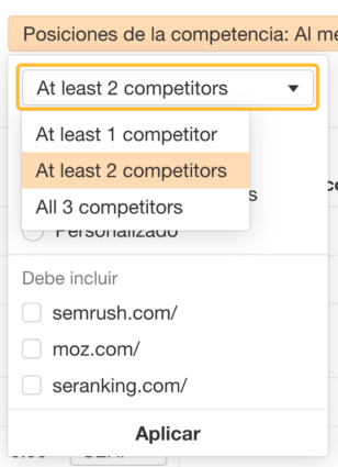 Filtrado de palabras clave en las que aparecen al menos dos competidores.