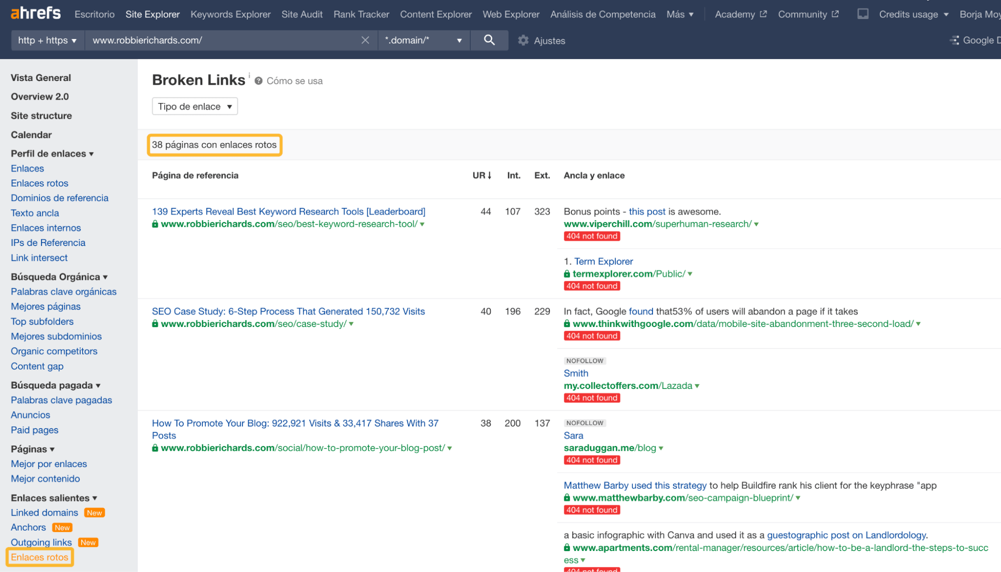 Informe de Enlaces rotos a través del Site Explorer de Ahrefs.