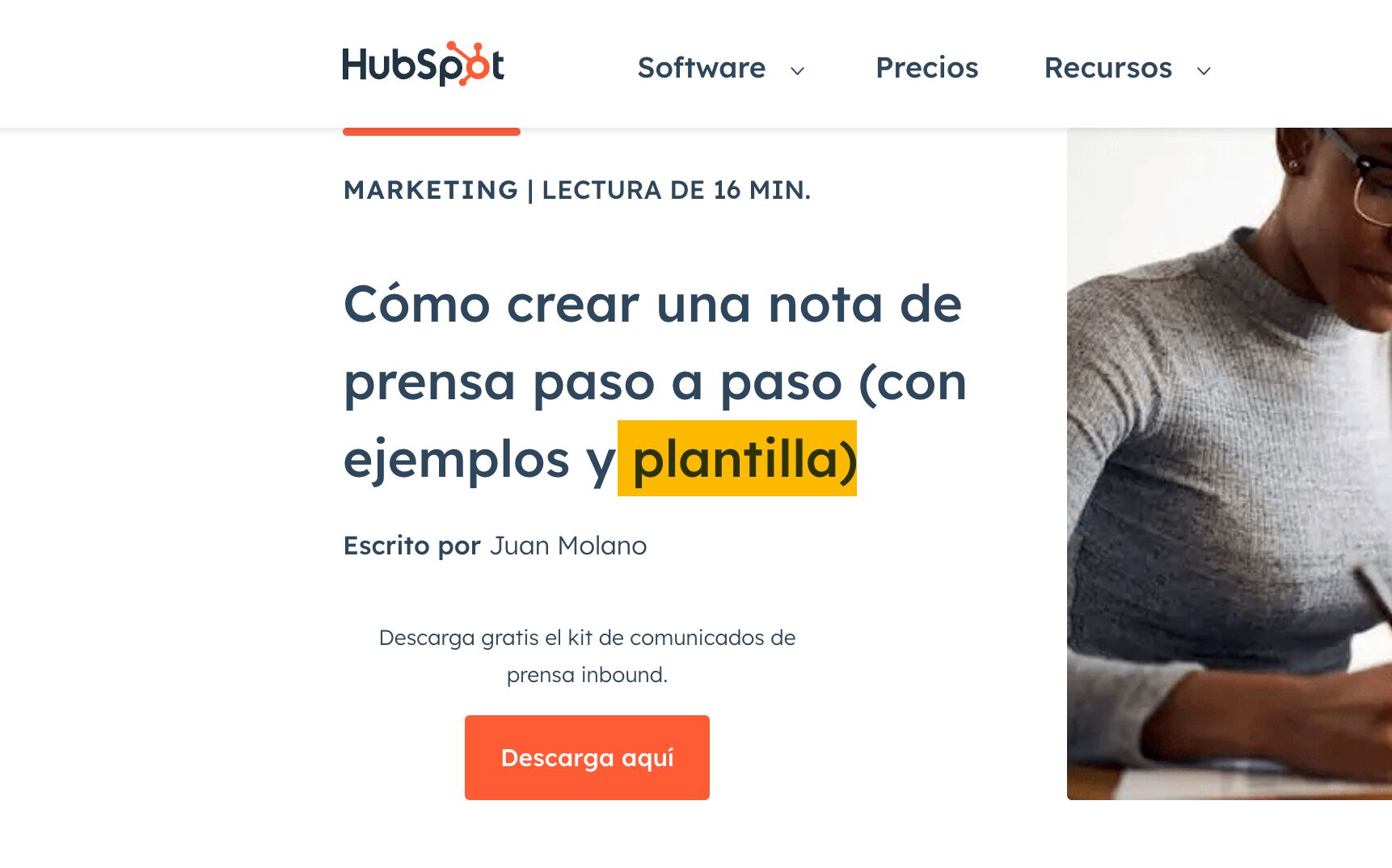 Ejemplo de ranking de una página para "cómo redactar una nota de prensa" con una plantilla gratuita.