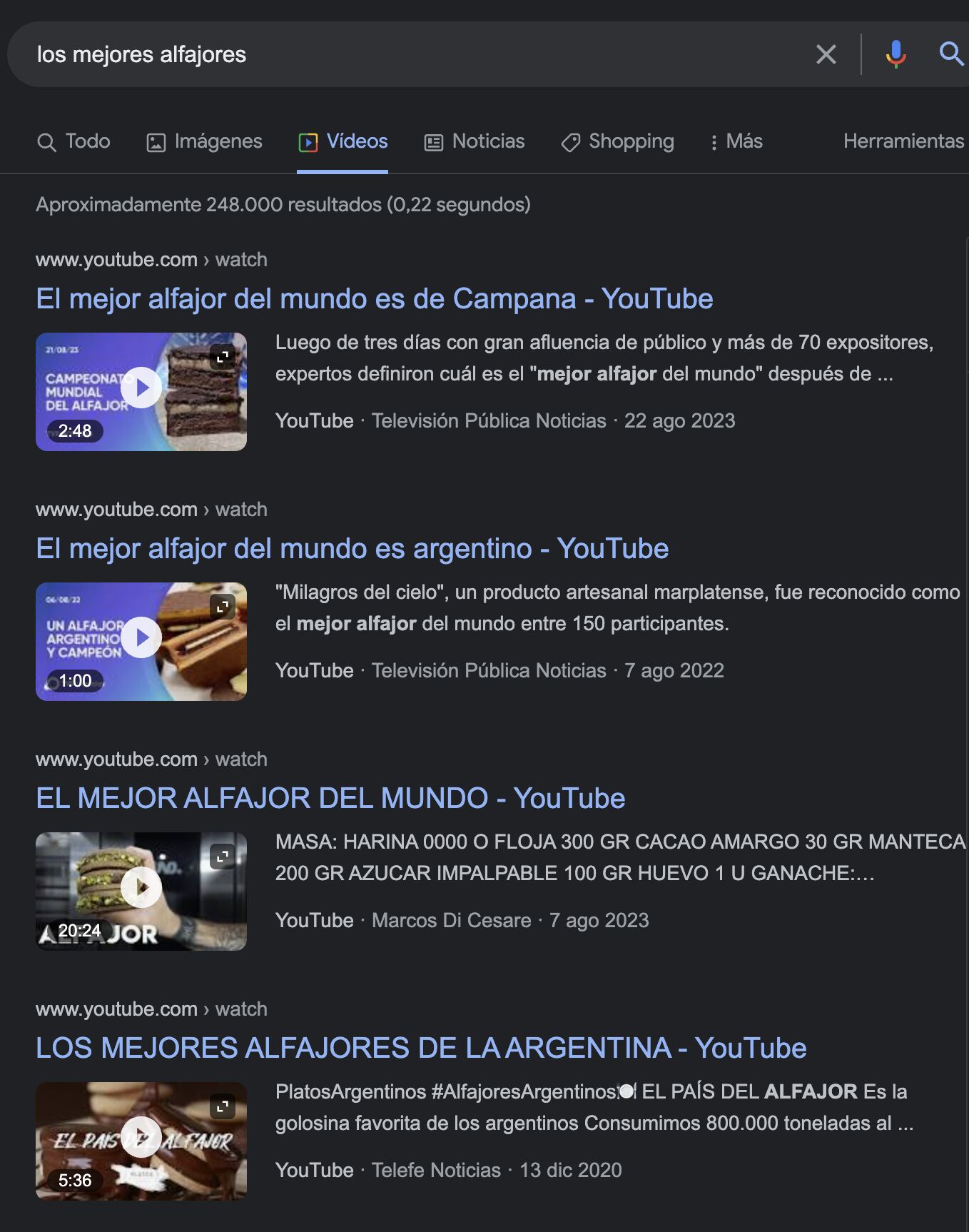 SERP para la búsqueda de videos con el término "los mejores alfajores".