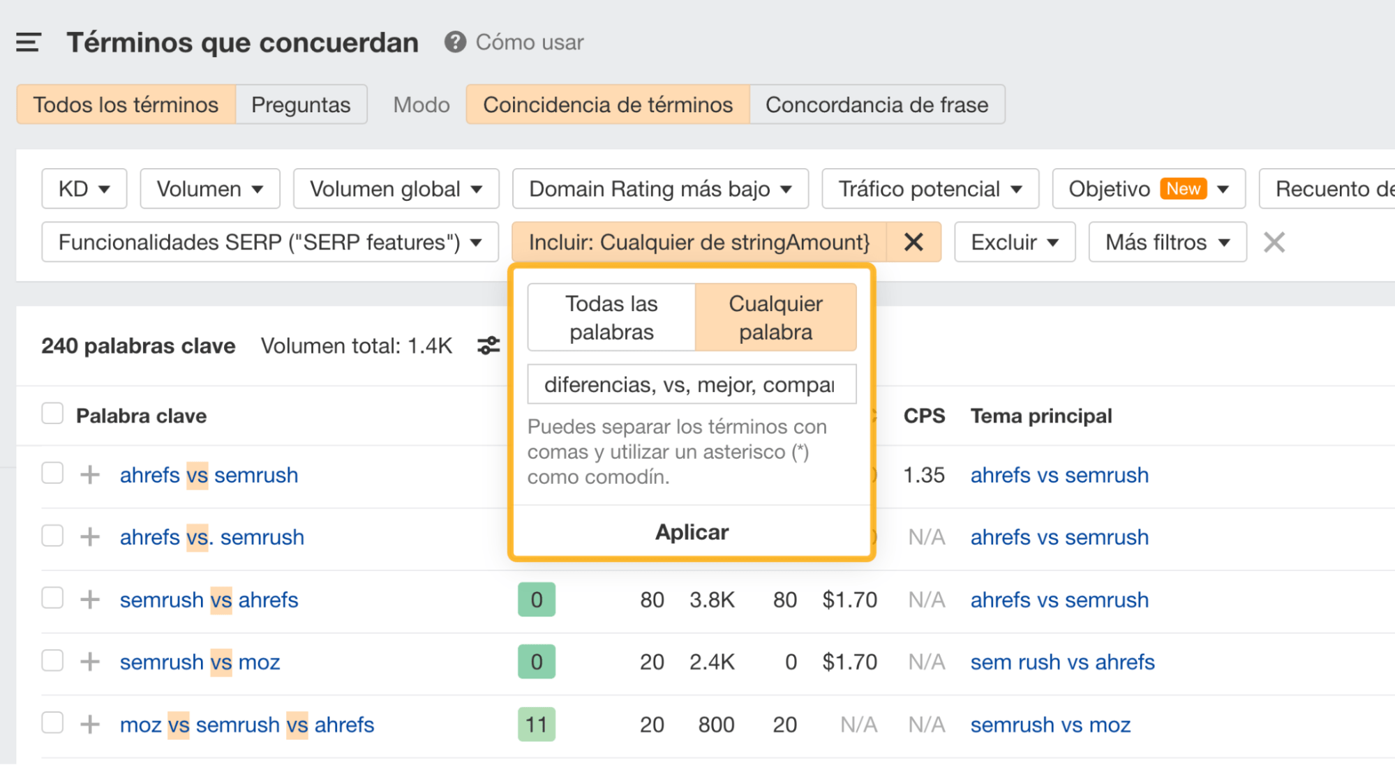 Desplegable para añadir modificadores informativos en el informe Términos que concuerdan.