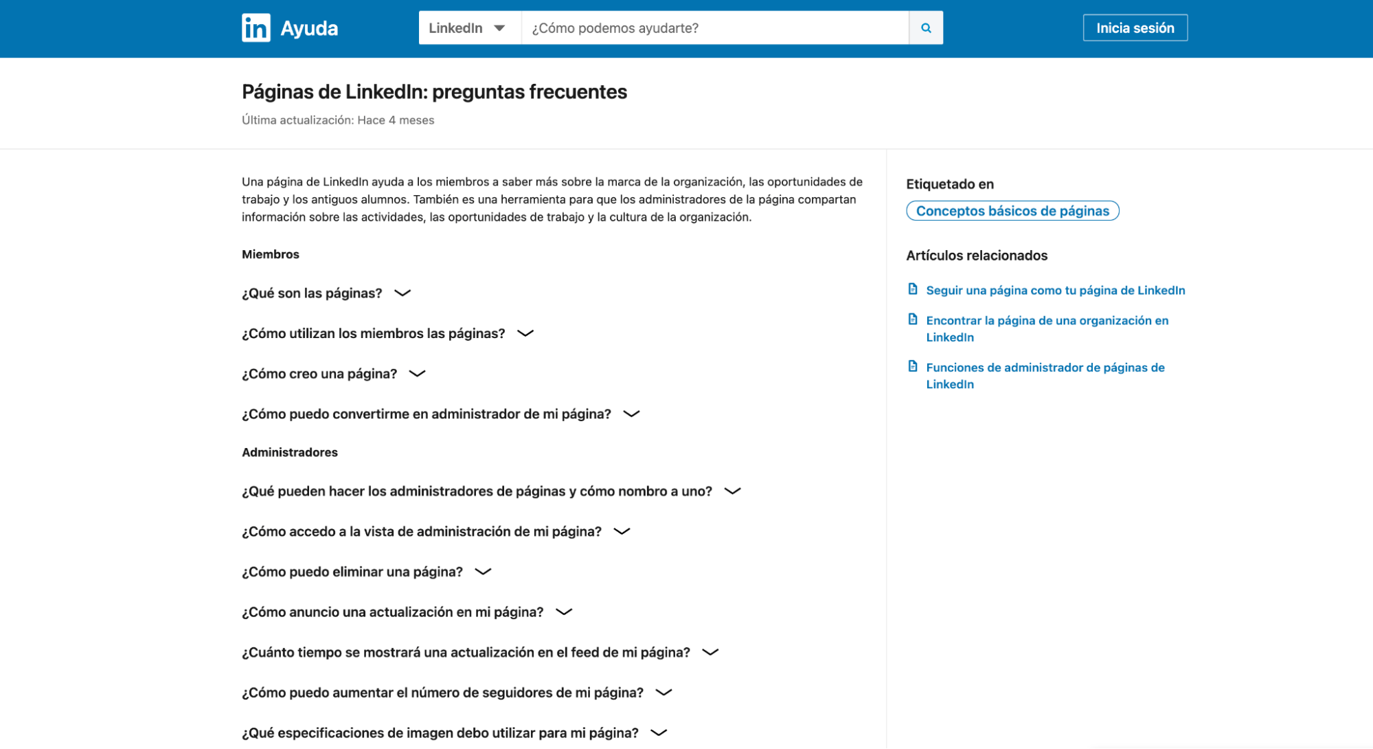 Página de preguntas frecuentes de Linkedin