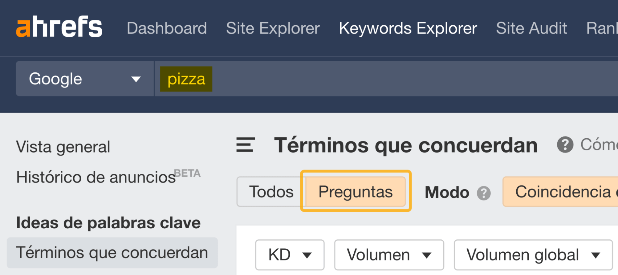 Términos que concuerdad en Keywords Explorer de Ahrefs