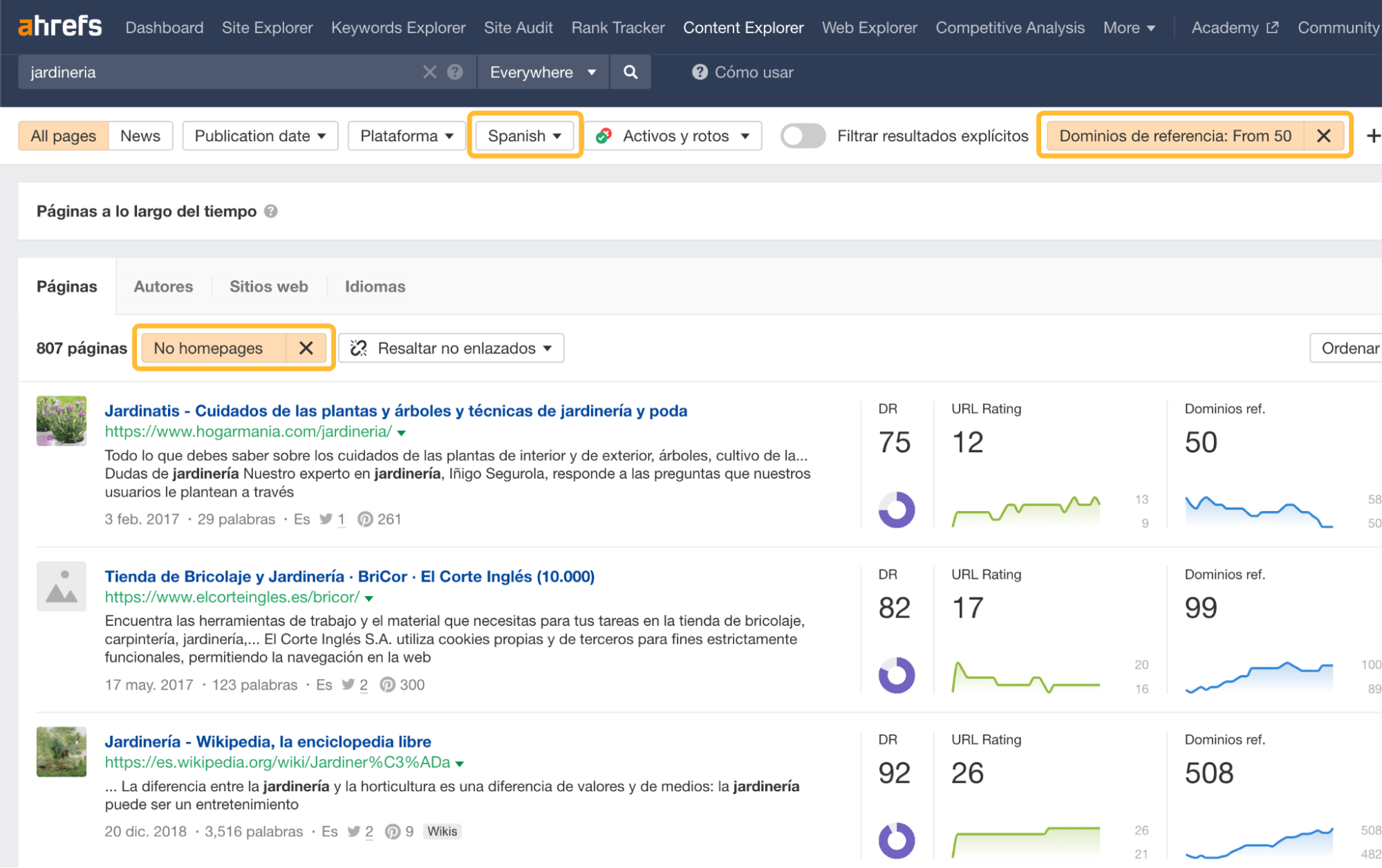 Búsqueda filtrada de "jardinería" en el Content Explorer de Ahrefs.