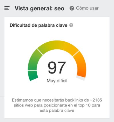 La puntuación de dificultad de la palabra clave para la consulta "seo".