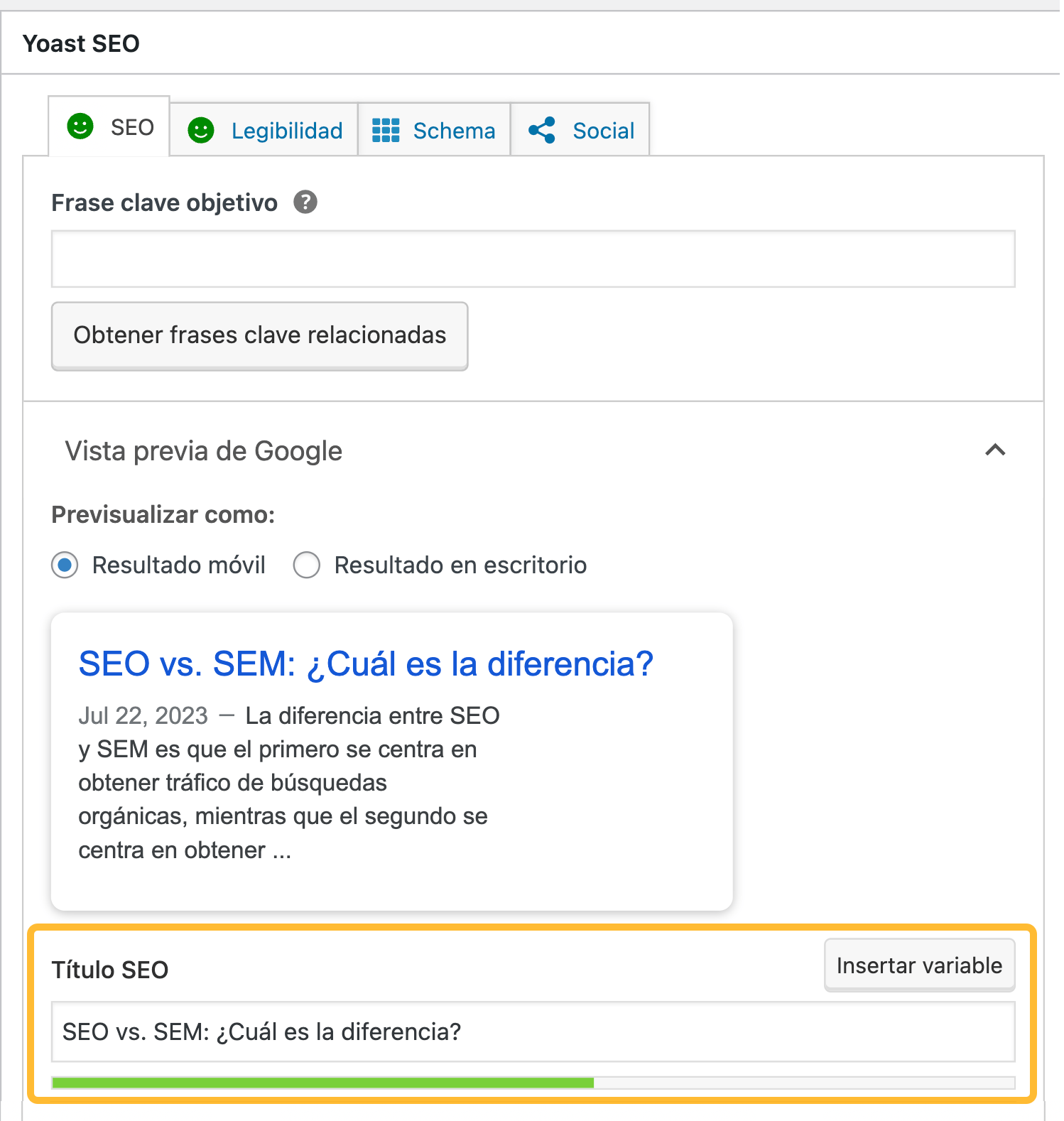 Sección para el título SEO del plugin para WordPress Yoast SEO.
