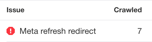Error 'Meta refresh redirect' a través de Site Audit de Ahrefs.