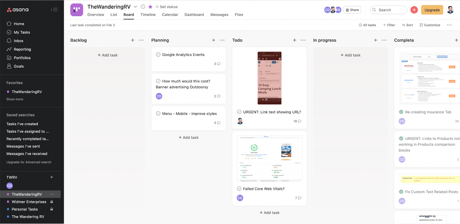 Página de proyecto tipo tablero en Asana.