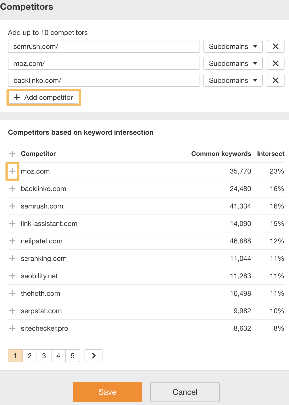  Añadir competidores a través del menú de configuración, mediante el Rank Tracker de Ahrefs.